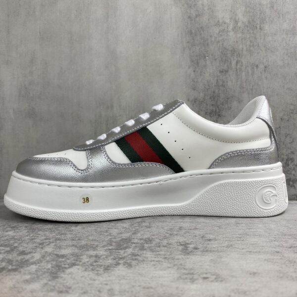 Gucci Metallic Silver & White Chunky Platform Sneaker with Web Stripe