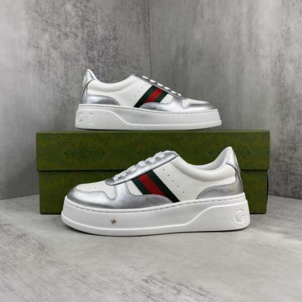 Gucci Metallic Silver & White Chunky Platform Sneaker with Web Stripe