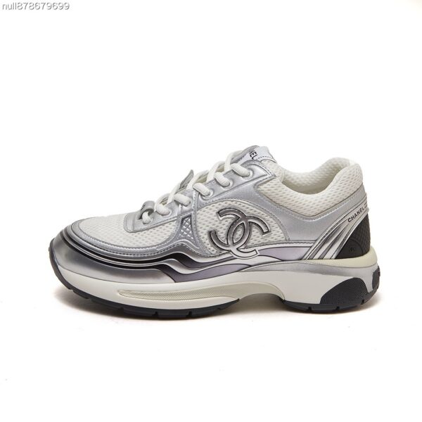 sy_no_283F2729816C84672BE870E00BF54413_1 Chanel White and Silver Metallic Mesh Low-Top Chunky Sneaker with CC Logo