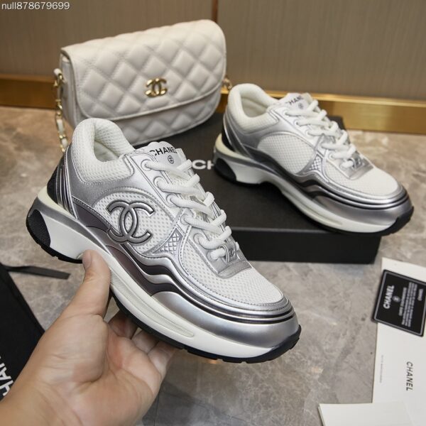 sy_no_283F2729816C84672BE870E00BF54413_4 Chanel White and Silver Metallic Mesh Low-Top Chunky Sneaker with CC Logo