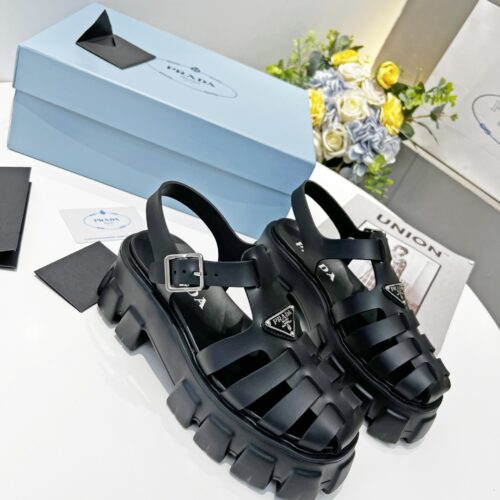 Prada Black Rubber Weave Triangle Tread Platform Sandal