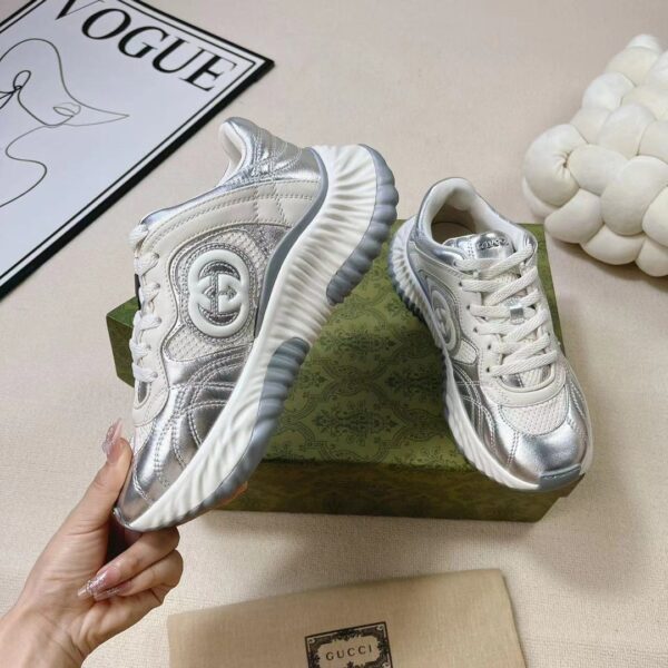 sy_no_2F96F1BA365E06FAB6DD5AB74251E8ED_1 Gucci Metallic Silver & White Chunky Sneaker with Interlocking G Logo