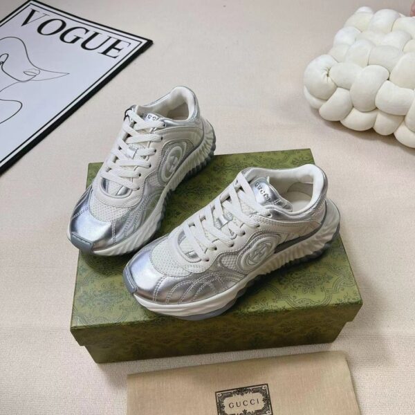 sy_no_2F96F1BA365E06FAB6DD5AB74251E8ED_2 Gucci Metallic Silver & White Chunky Sneaker with Interlocking G Logo