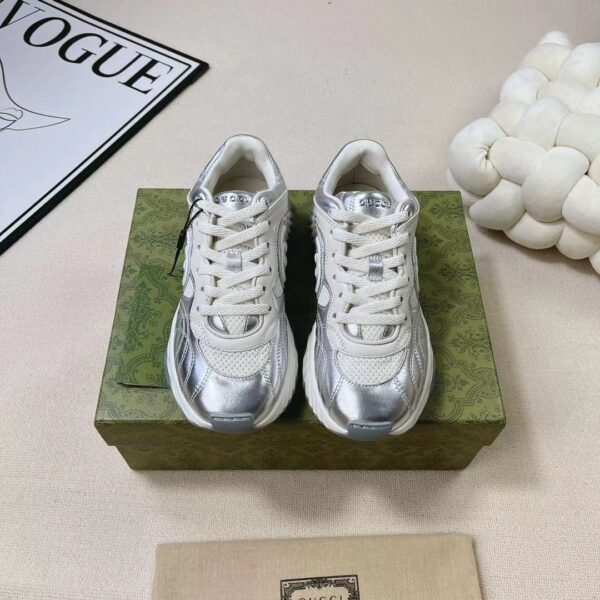 sy_no_2F96F1BA365E06FAB6DD5AB74251E8ED_3 Gucci Metallic Silver & White Chunky Sneaker with Interlocking G Logo