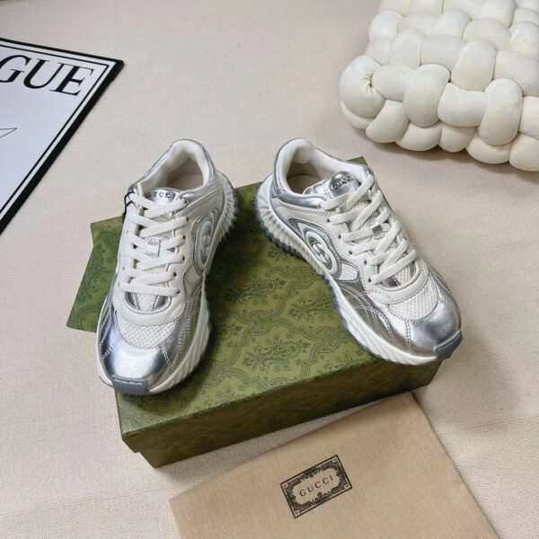 sy_no_2F96F1BA365E06FAB6DD5AB74251E8ED_5 Gucci Metallic Silver & White Chunky Sneaker with Interlocking G Logo