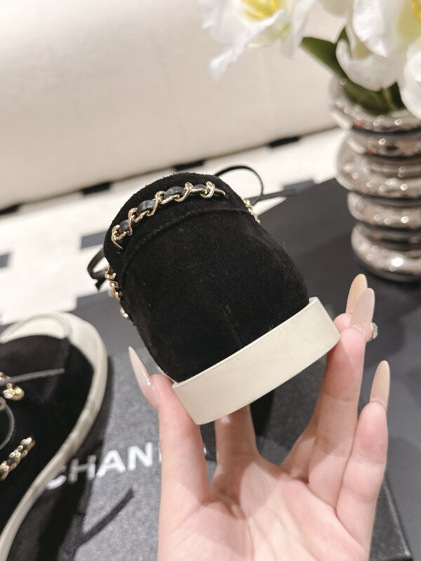 Chanel Black Suede Low-Top Shoe with Cap-Toe & CC Chain Detail