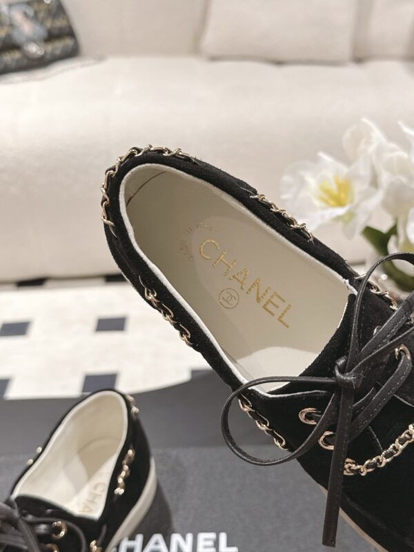 Chanel Black Suede Low-Top Shoe with Cap-Toe & CC Chain Detail