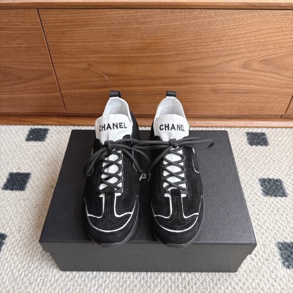 Chanel Suede & Knit Collar Platform Trainer Black-White-Knit