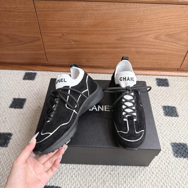 Chanel Suede & Knit Collar Platform Trainer Black-White-Knit