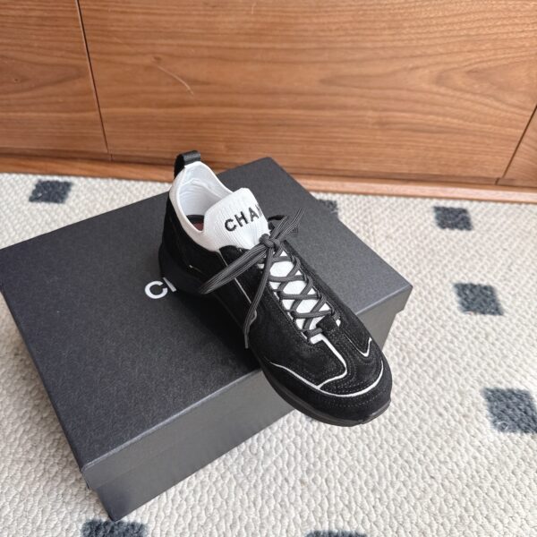 Chanel Suede & Knit Collar Platform Trainer Black-White-Knit