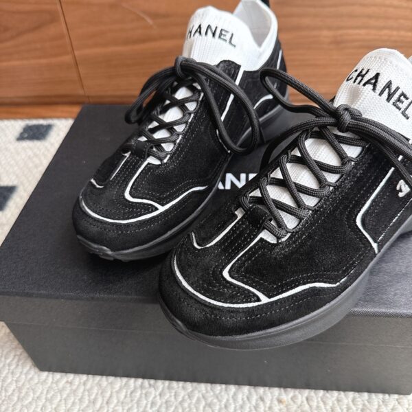 Chanel Suede & Knit Collar Platform Trainer Black-White-Knit