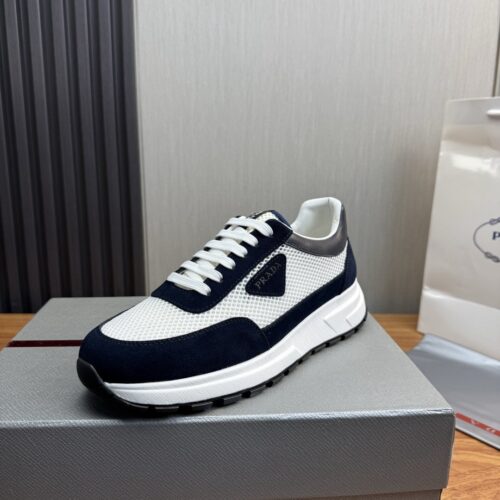 sy_no_35908F1F28484082215D26C68102398B_0 Prada White-Navy Mesh Suede-Spliced Triangle Tag Low-Top Sneaker