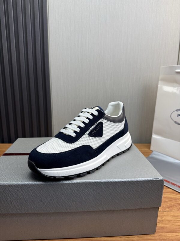 Prada White-Navy Mesh Suede-Spliced Triangle Tag Low-Top Sneaker