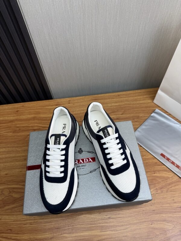 Prada White-Navy Mesh Suede-Spliced Triangle Tag Low-Top Sneaker