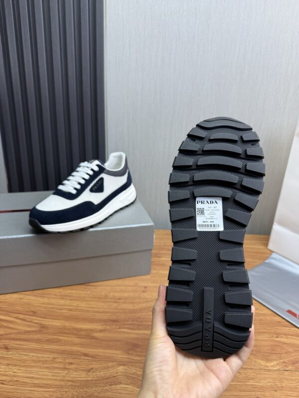 Prada White-Navy Mesh Suede-Spliced Triangle Tag Low-Top Sneaker