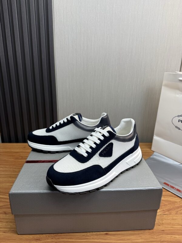 Prada White-Navy Mesh Suede-Spliced Triangle Tag Low-Top Sneaker