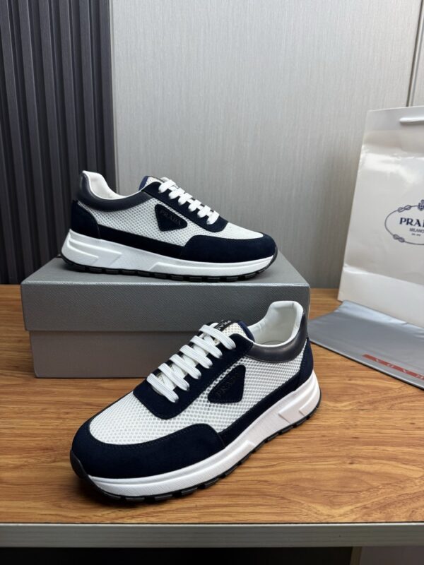 Prada White-Navy Mesh Suede-Spliced Triangle Tag Low-Top Sneaker