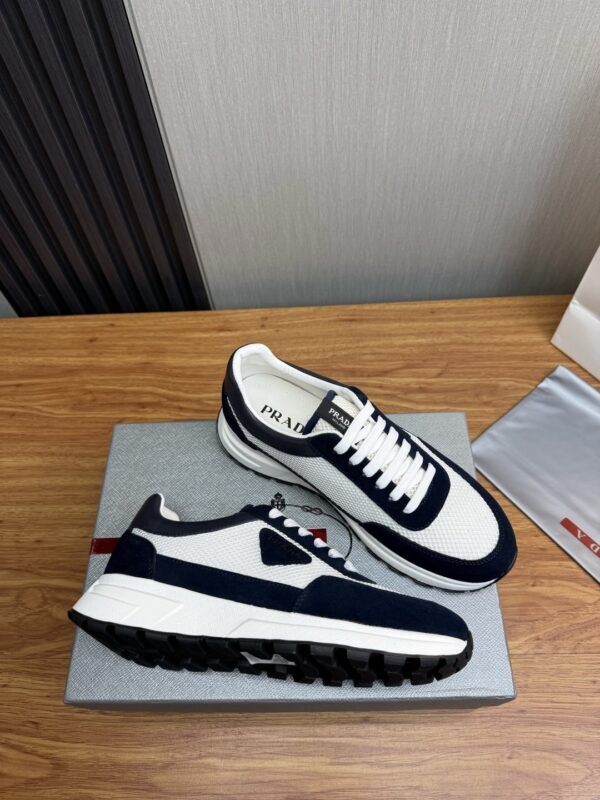 Prada White-Navy Mesh Suede-Spliced Triangle Tag Low-Top Sneaker