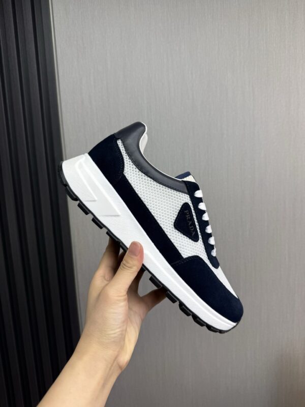 Prada White-Navy Mesh Suede-Spliced Triangle Tag Low-Top Sneaker