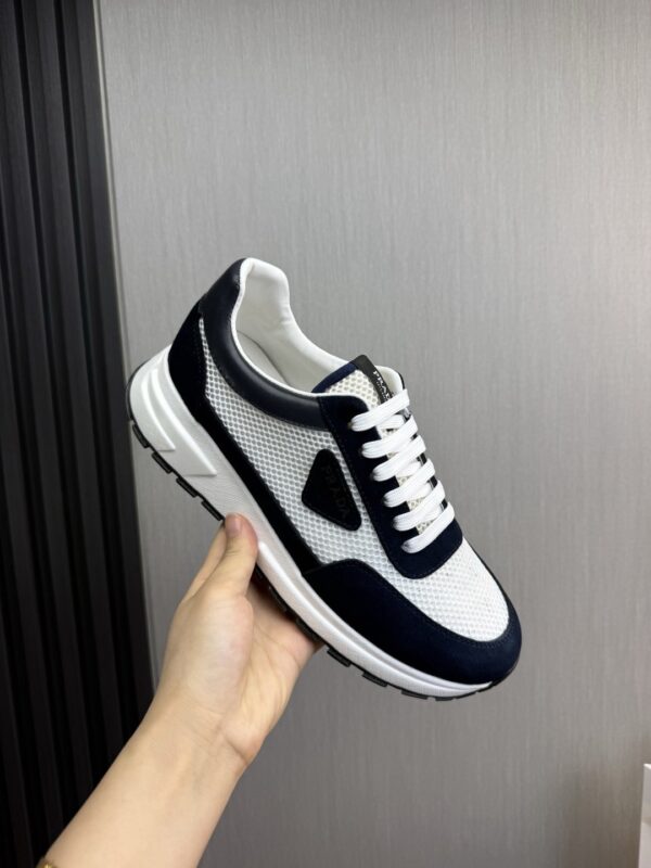 Prada White-Navy Mesh Suede-Spliced Triangle Tag Low-Top Sneaker