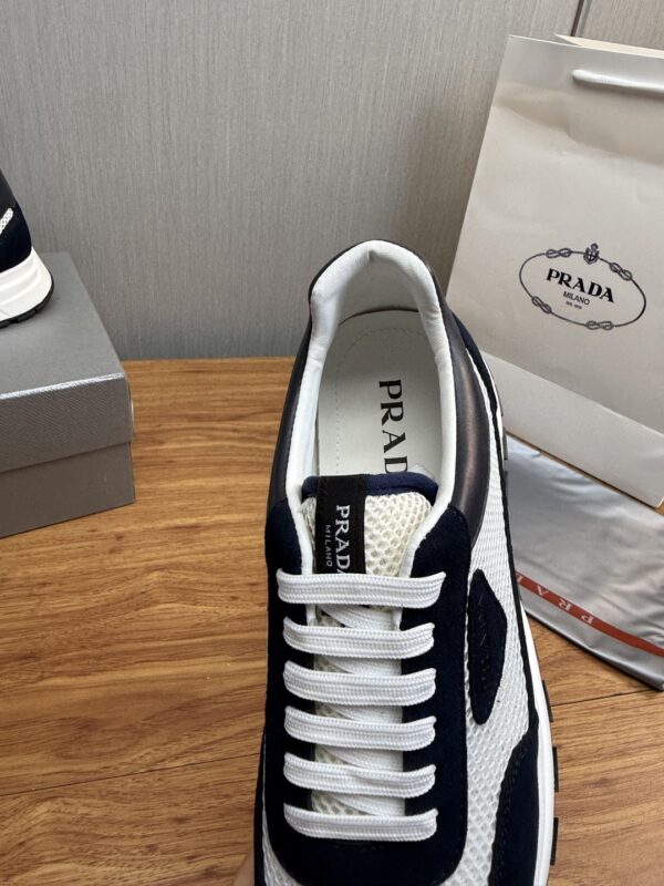 Prada White-Navy Mesh Suede-Spliced Triangle Tag Low-Top Sneaker