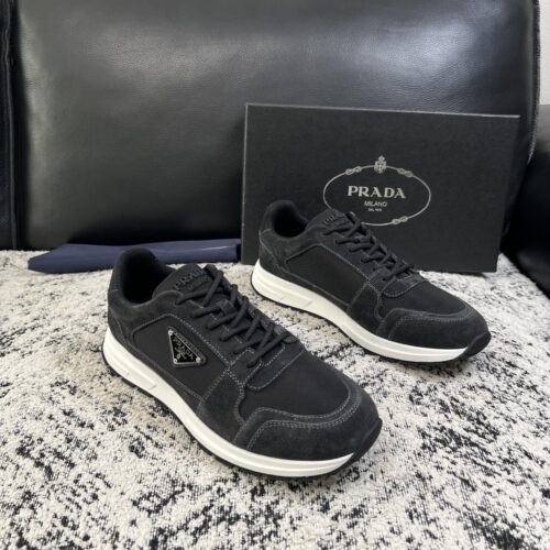Prada Black Suede Mesh-Spliced Triangle Logo Low-Top Sneaker