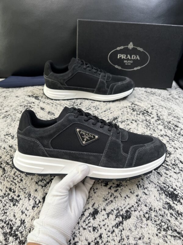 sy_no_360991EA1B5941907D6D726F29671CD6_3 Prada Black Suede Mesh-Spliced Triangle Logo Low-Top Sneaker