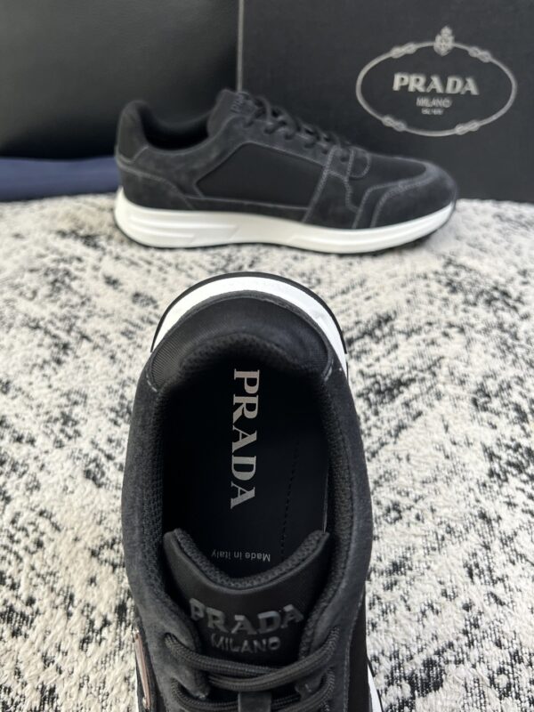 sy_no_360991EA1B5941907D6D726F29671CD6_6 Prada Black Suede Mesh-Spliced Triangle Logo Low-Top Sneaker