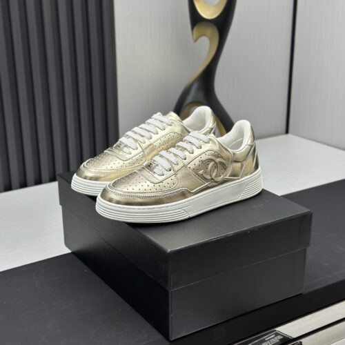 sy_no_36C9D162FBE3EB38BAA7DDFD2FF00979_0 Chanel Metallic Gold Leather Low-Top Sneaker with Perforated Details & CC Logo