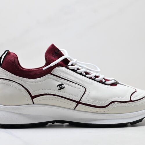 Chanel White & Burgundy Leather Sneaker with Knit Collar & CC Logo