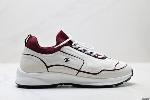 Chanel White & Burgundy Leather Sneaker with Knit Collar & CC Logo
