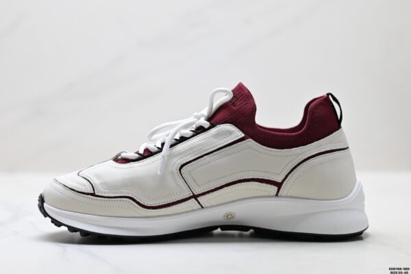 Chanel White & Burgundy Leather Sneaker with Knit Collar & CC Logo