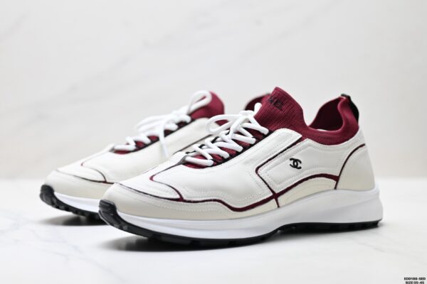 Chanel White & Burgundy Leather Sneaker with Knit Collar & CC Logo