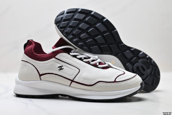 Chanel White & Burgundy Leather Sneaker with Knit Collar & CC Logo