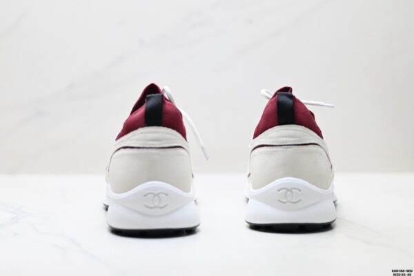 Chanel White & Burgundy Leather Sneaker with Knit Collar & CC Logo