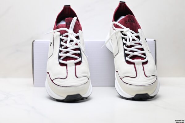 Chanel White & Burgundy Leather Sneaker with Knit Collar & CC Logo