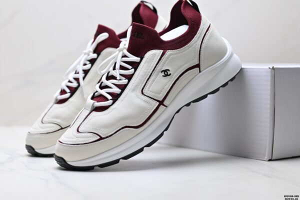 Chanel White & Burgundy Leather Sneaker with Knit Collar & CC Logo