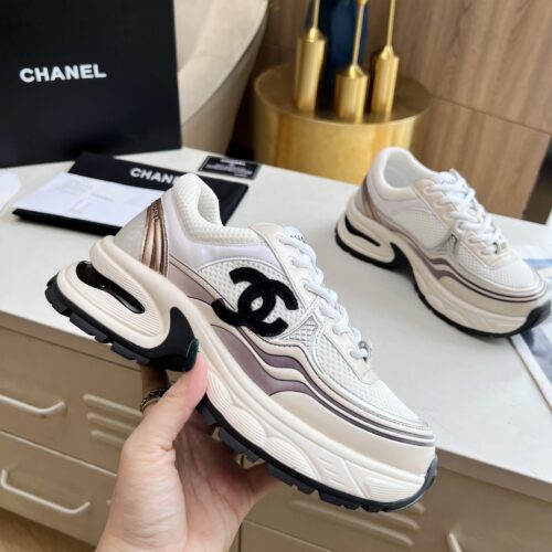 sy_no_3850401E4B8C7838C2652833F24D170A_0 Chanel Beige and White Chunky Sneaker with Black CC Logo and Metallic Trim