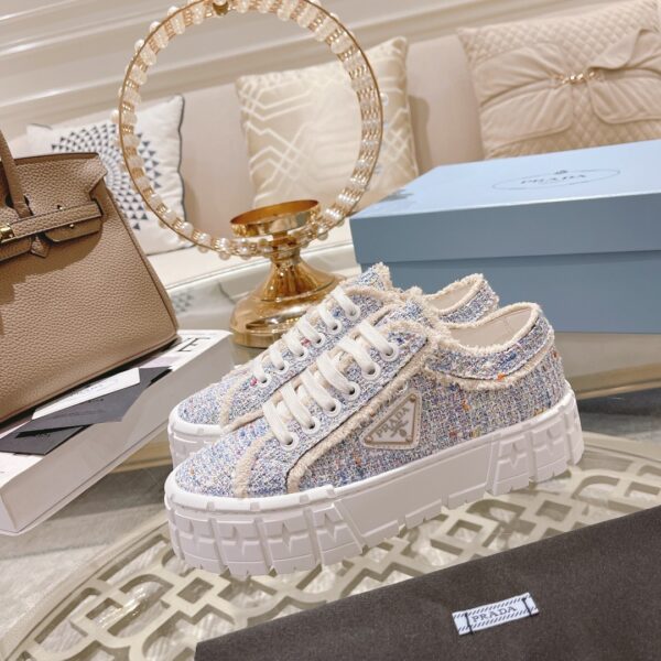 Prada Light Blue Tweed Fringe Chunky Platform Sneaker