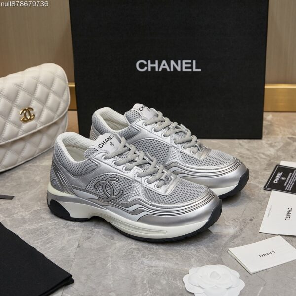 Chanel Silver Metallic Mesh Low-Top Chunky Sneaker with CC Logo