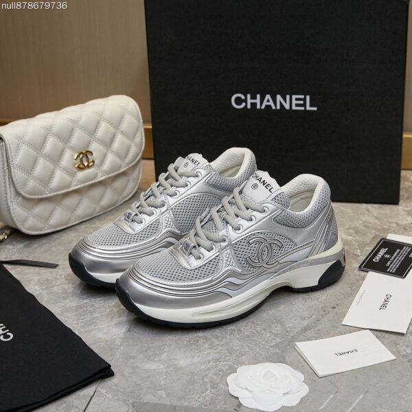 Chanel Silver Metallic Mesh Low-Top Chunky Sneaker with CC Logo