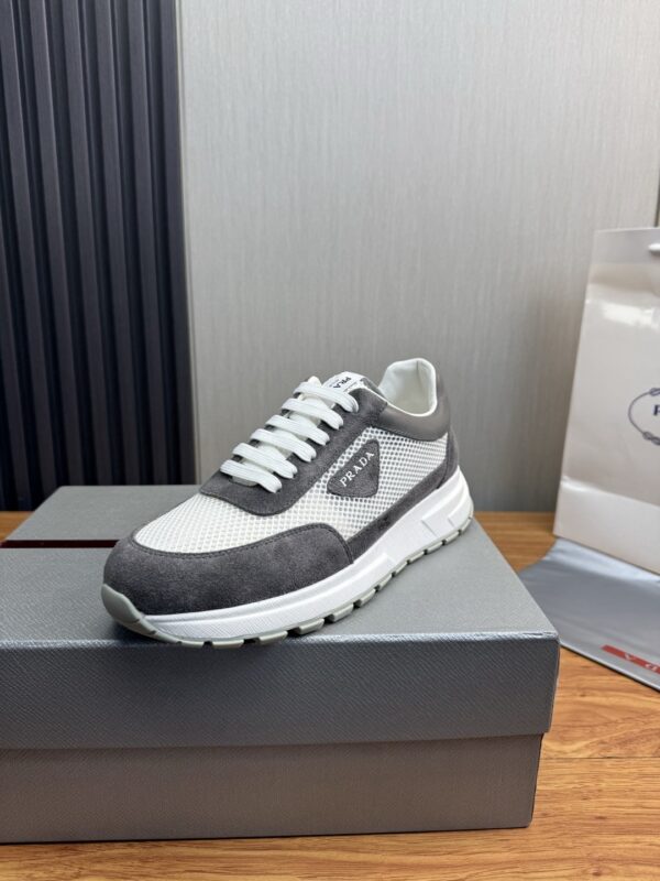 Prada White-Grey Mesh Suede-Spliced Triangle Tag Low-Top Sneaker