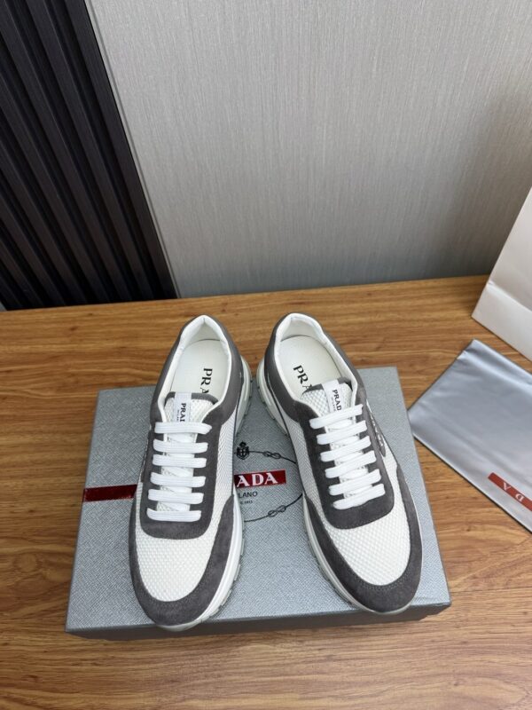 Prada White-Grey Mesh Suede-Spliced Triangle Tag Low-Top Sneaker