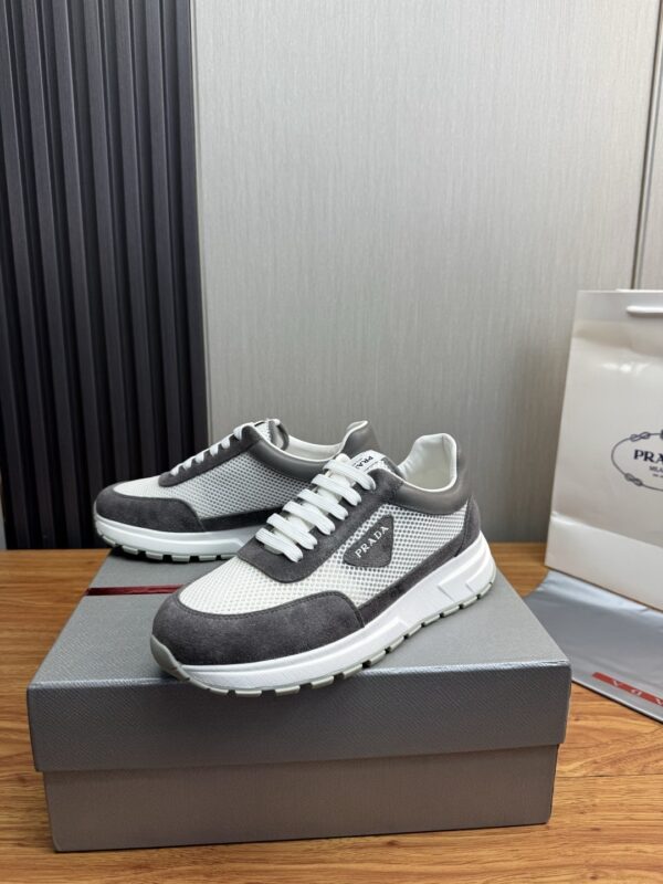 Prada White-Grey Mesh Suede-Spliced Triangle Tag Low-Top Sneaker
