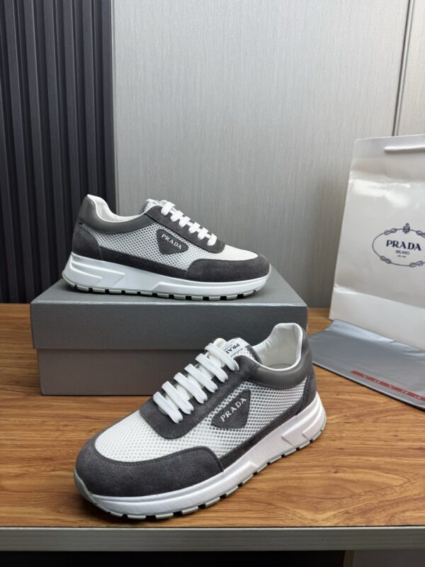 Prada White-Grey Mesh Suede-Spliced Triangle Tag Low-Top Sneaker