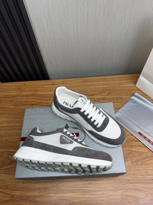 Prada White-Grey Mesh Suede-Spliced Triangle Tag Low-Top Sneaker