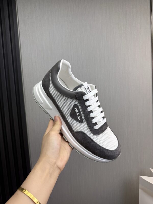 Prada White-Grey Mesh Suede-Spliced Triangle Tag Low-Top Sneaker