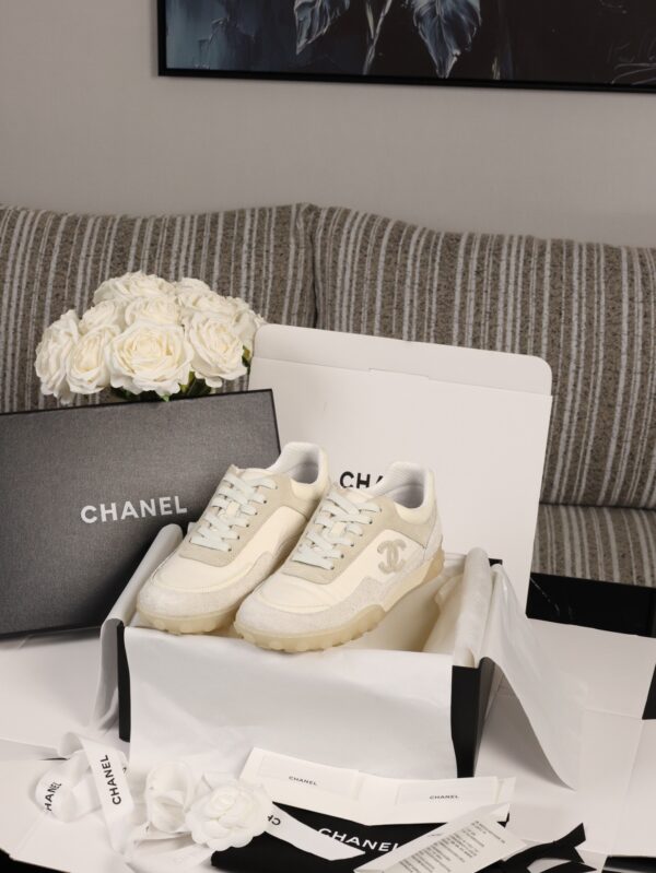 Chanel Beige and Off-White Mixed Material Low-Top Sneaker with Suede and CC Logo