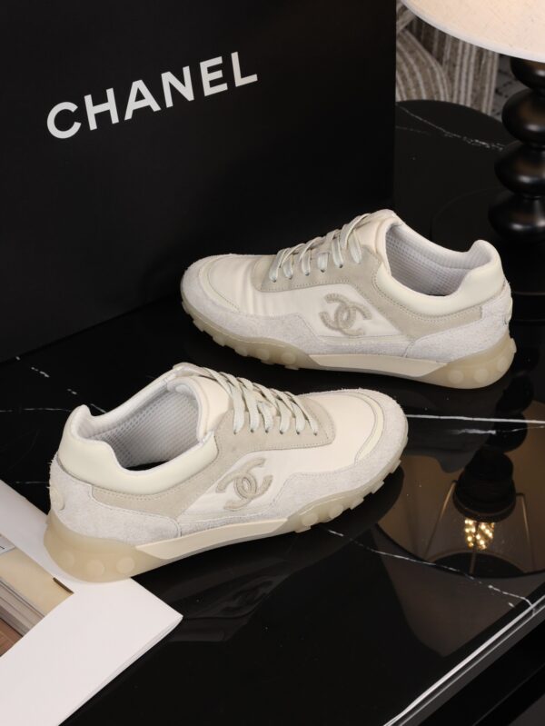 Chanel Beige and Off-White Mixed Material Low-Top Sneaker with Suede and CC Logo