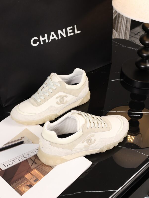 Chanel Beige and Off-White Mixed Material Low-Top Sneaker with Suede and CC Logo